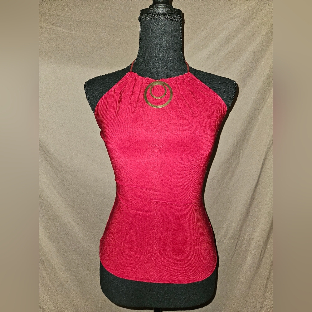 Blu Heaven Red Halter Top With Gold Metal Circle